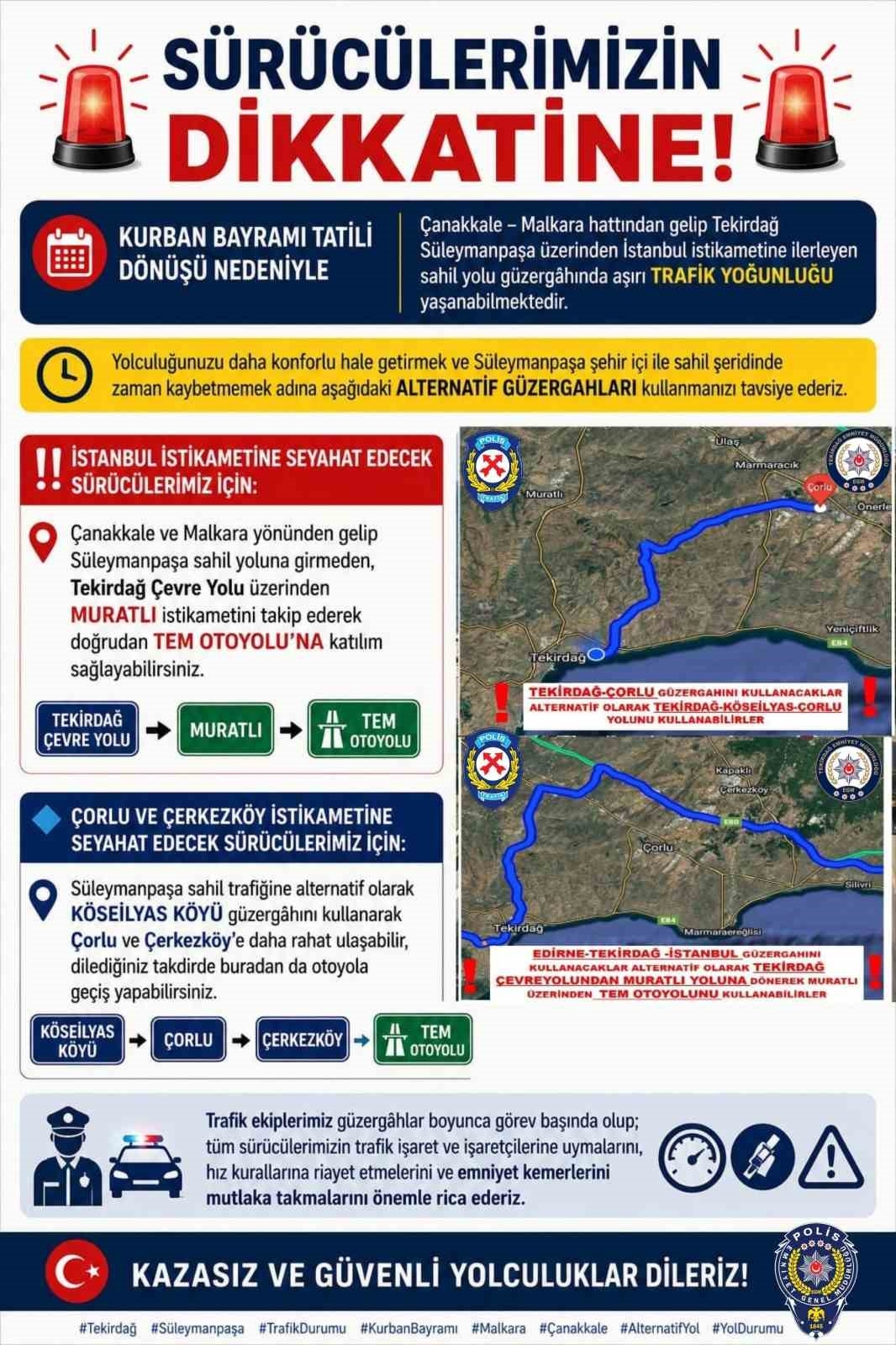 Tekirdağ Emniyet Müdürlüğü’nden bayram dönüşü trafik uyarısı
