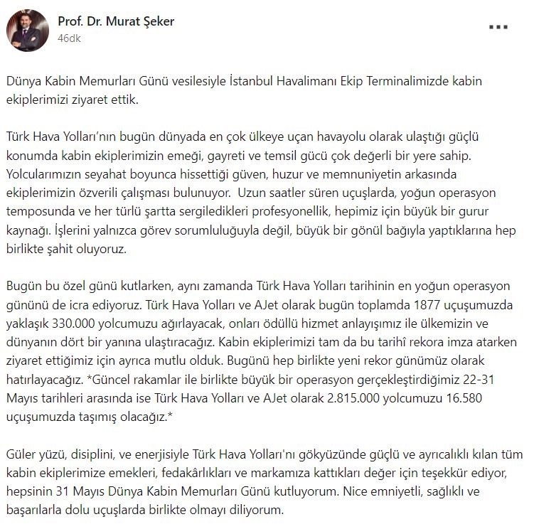 THY Yönetim Kurulu Başkanı Murat Şeker, Dünya Kabin Memurları Günü’nü kutladı
